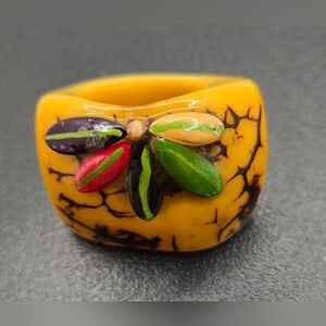Tagua Nut Ring Carved & Decorated Size 6.5 Natural Eco-Friendly Vegetable-Ivory